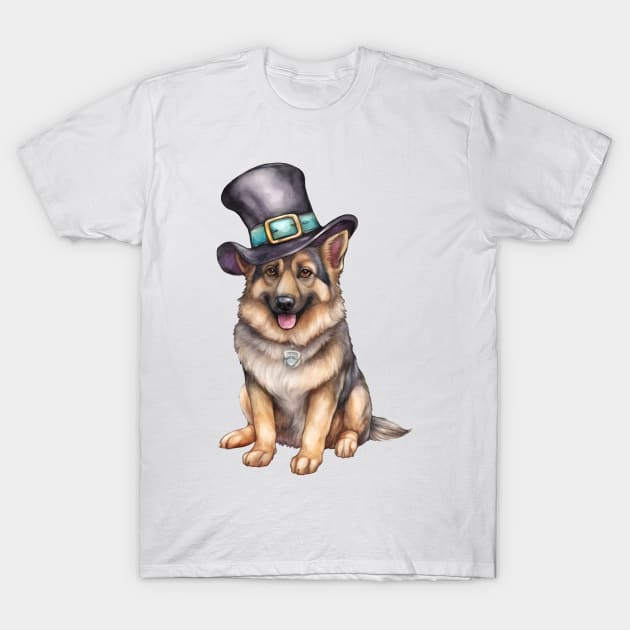 Watercolor German Shepherd Dog in Magic Hat T-Shirt by Chromatic Fusion Studio